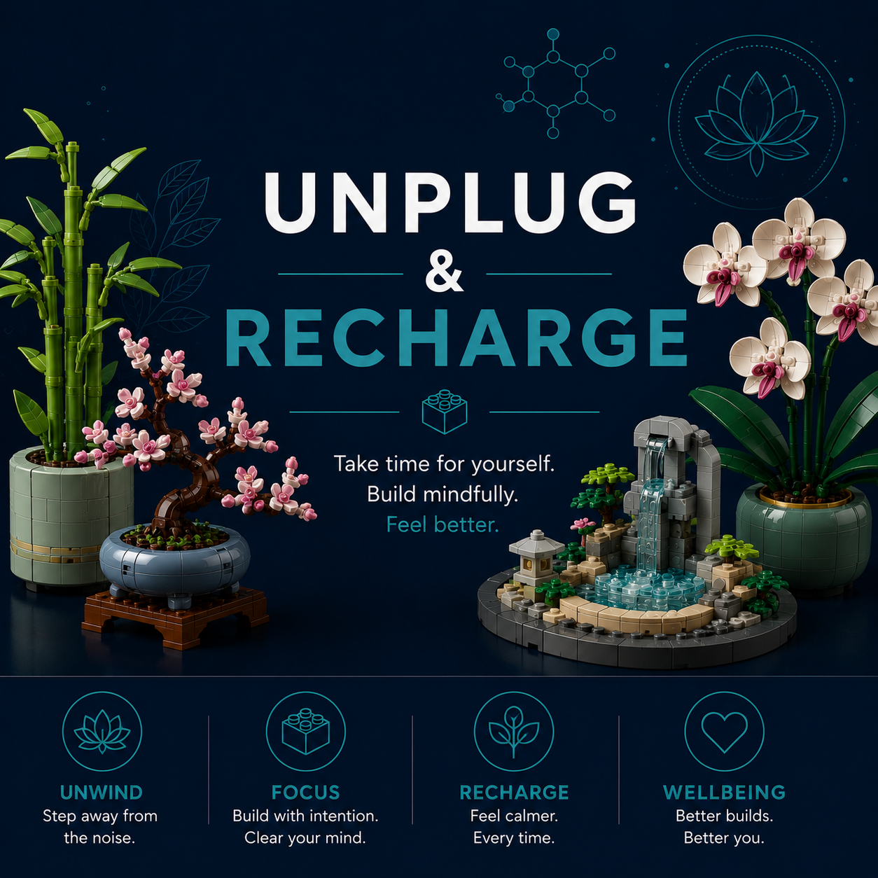 Unplug & Recharge LEGO® Sets collection featuring relaxing and mindful LEGO® building experiences from Brick Therapy Barbados.